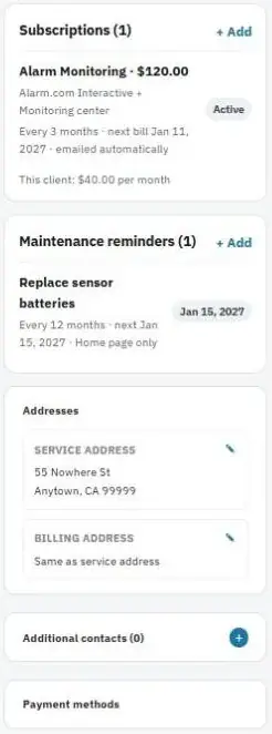 Subscriptions, maintenance reminders, addresses and contacts on a client page