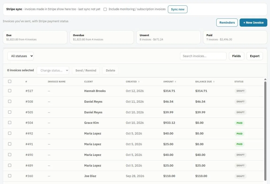 The Invoices list