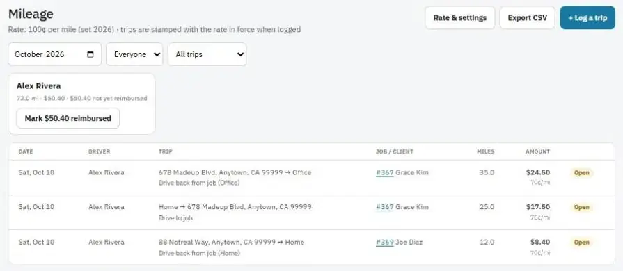 The Mileage page