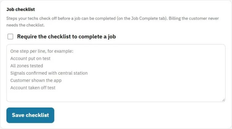 Job checklist settings