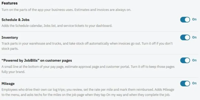 The Features card in Settings