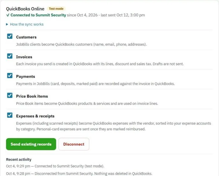QuickBooks Online in Settings