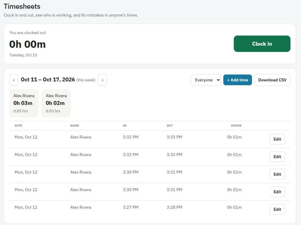 The Timesheets page