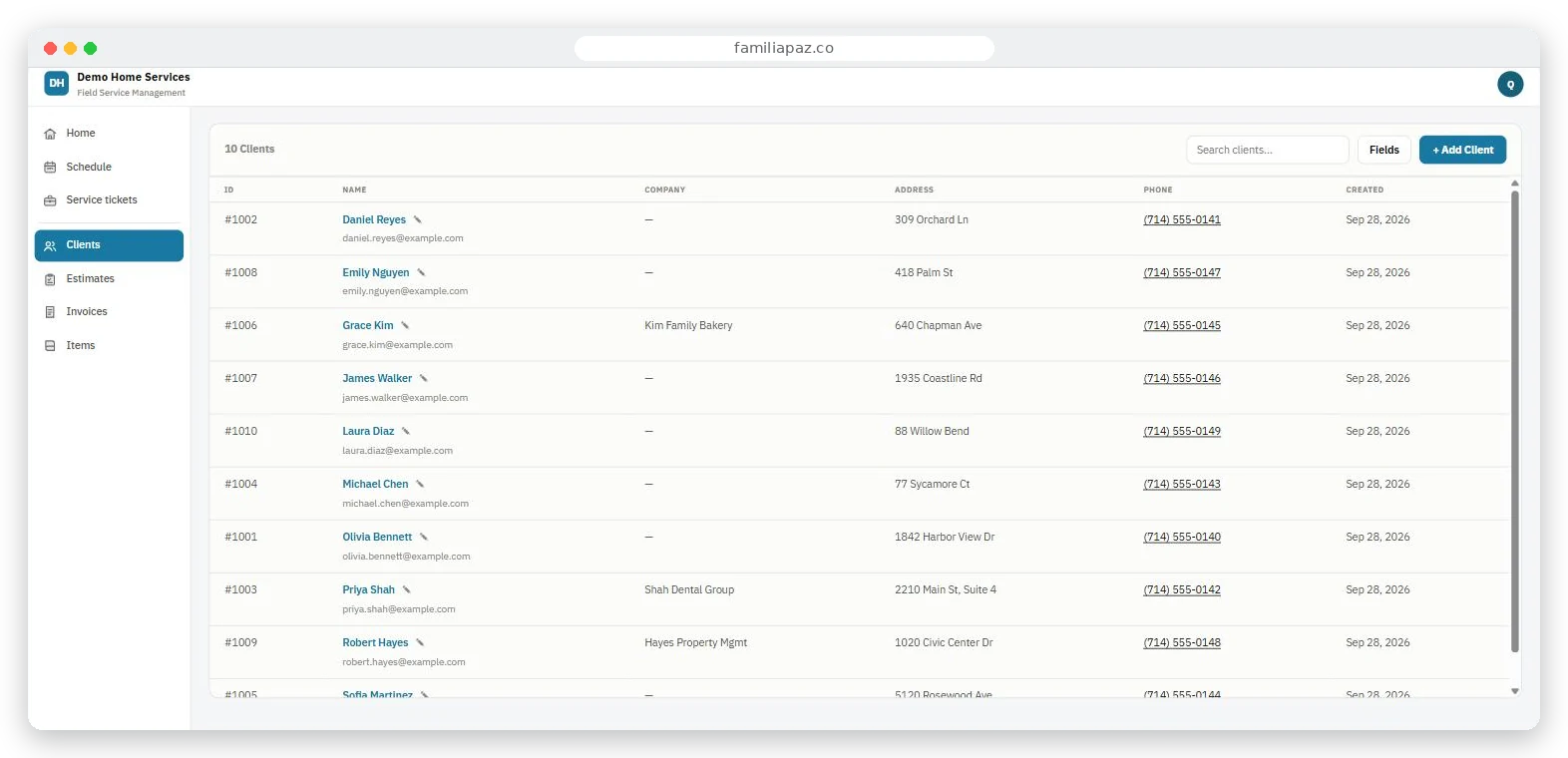 Client list with contact details