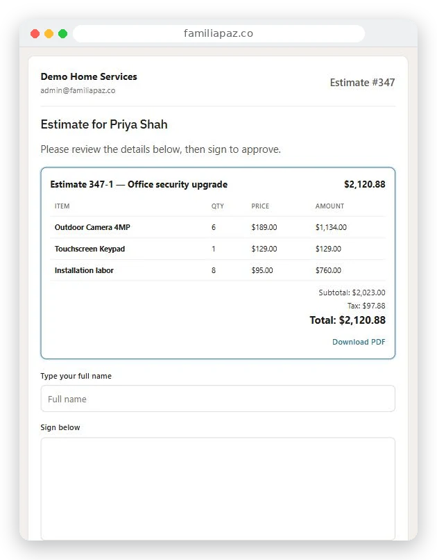 Customer view of an estimate with a signature box