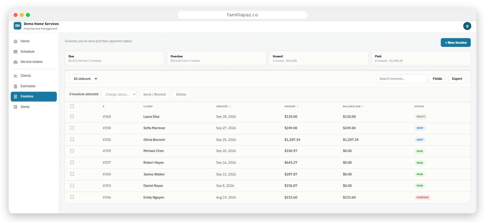 Invoice list showing due, overdue and paid invoices