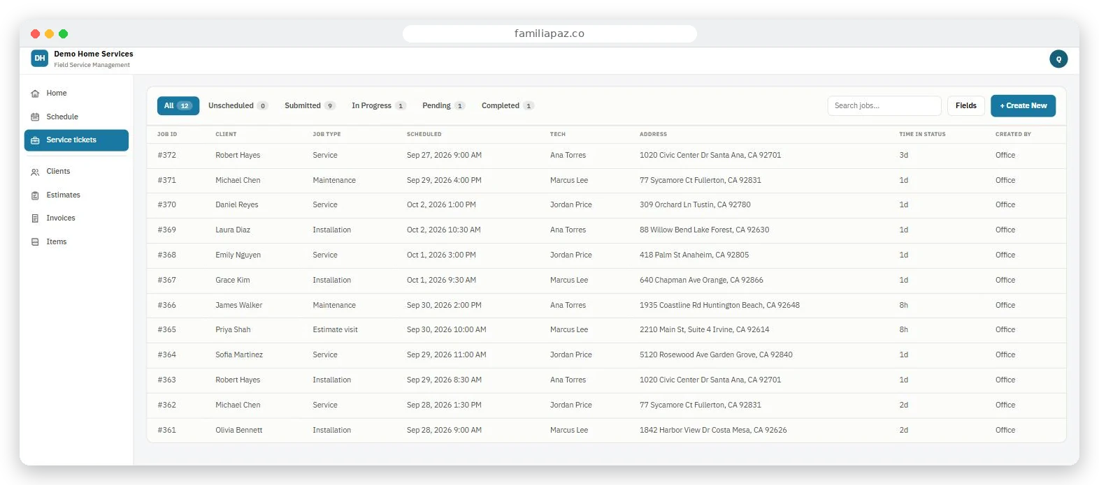 Service ticket list with technicians and addresses